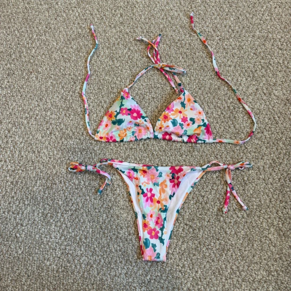 SHEIN Floral Ribbed Triangle Bikini Set Multicolor‎ Side Tie Swimsuit Size Small